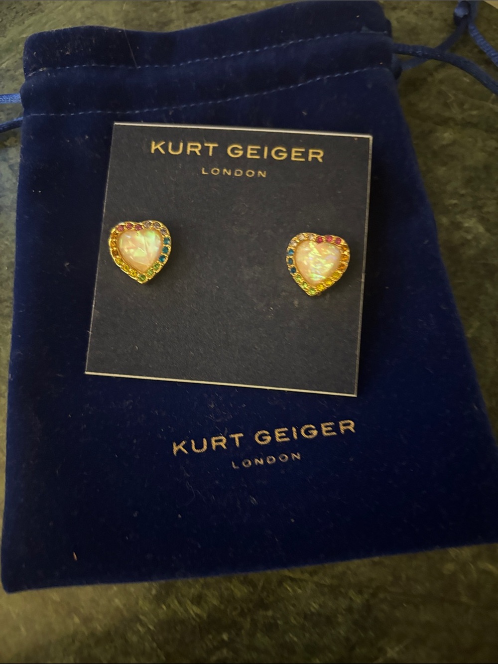 Kurt Geiger Gold Heart yOpal Heart Stud Earrings with Multicolor Crystals
